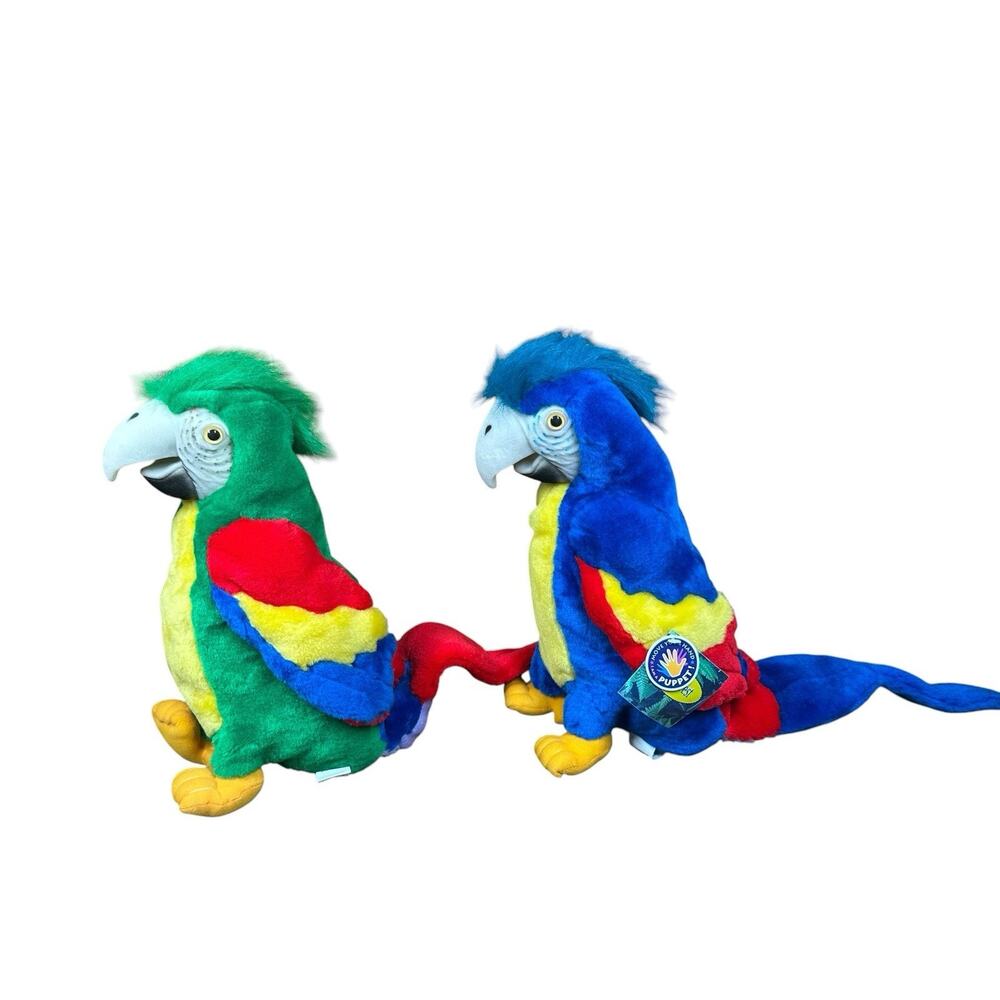 Vtg Hosung Macaw Parrot Bird Puppets 13.5" Stuffed Plush Toys Set 2 Rainforest